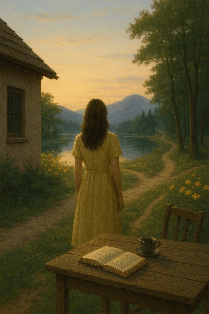 작은 시골집 뒷편으로 소박한 자연 풍경이 펼쳐져 있습니다. 노란 꽃이 핀 조용한 호숫가와 호숫가를 따라 형성된 숲속 길, 산등성 실루엣 등이 보입니다. 연노랑색 원피스를 입은 여자가 바라보는 풍경을 바라보며 서 있는데, 여유롭고 평화로운 분위기이고 '전환'이나 '새로운 시작'을 은유하는 것처럼 여명이 밝아옵니다.