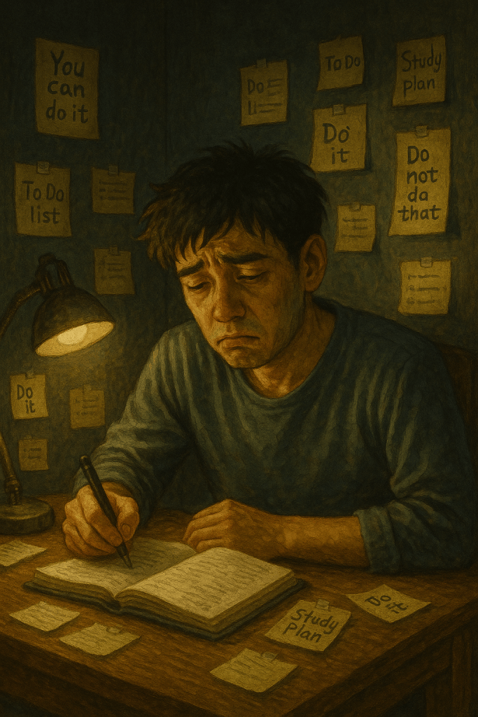 배경은 어둑한 방. 탁상조명이 켜져서 책상 위와 사람을 비춥니다. 책상에서 공부하고 있는 사람의 몸과 책상 위 등에 수많은 포스트잇이 붙어 있다. 포스트잇에는 "You can di it", "To Do list", "Study plan", "Do it", "Do Not do that" 등의 문구가 적혀 있습니다. 사람의 표정은 피곤하고 지쳐보입니다.