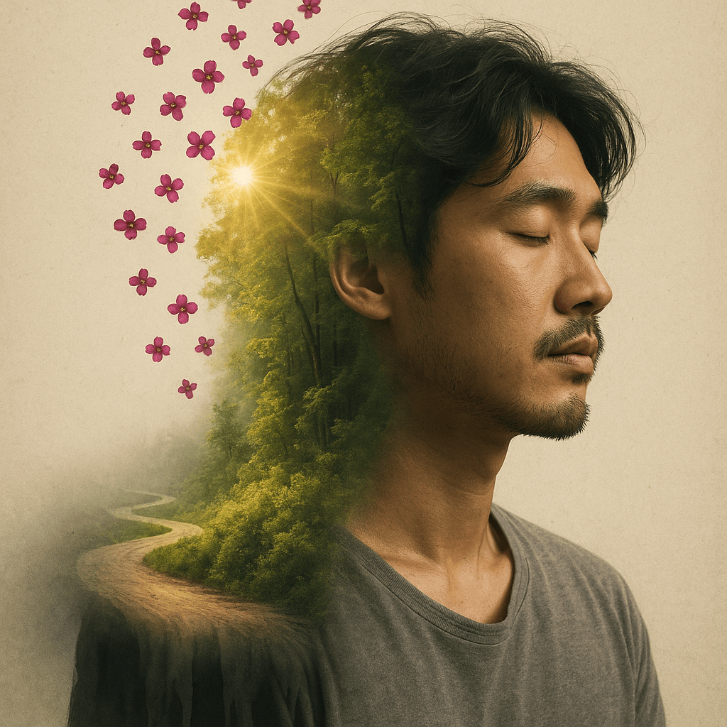 불안을 느끼던 사람은 마음의 평화를 되찾습니다. 사람의 머리 속에 햇살이 빛나는 숲과 꽃이 피어나는 모습으로 평화로움과 새로운 생각이 피어나는 것을 표현했습니다.