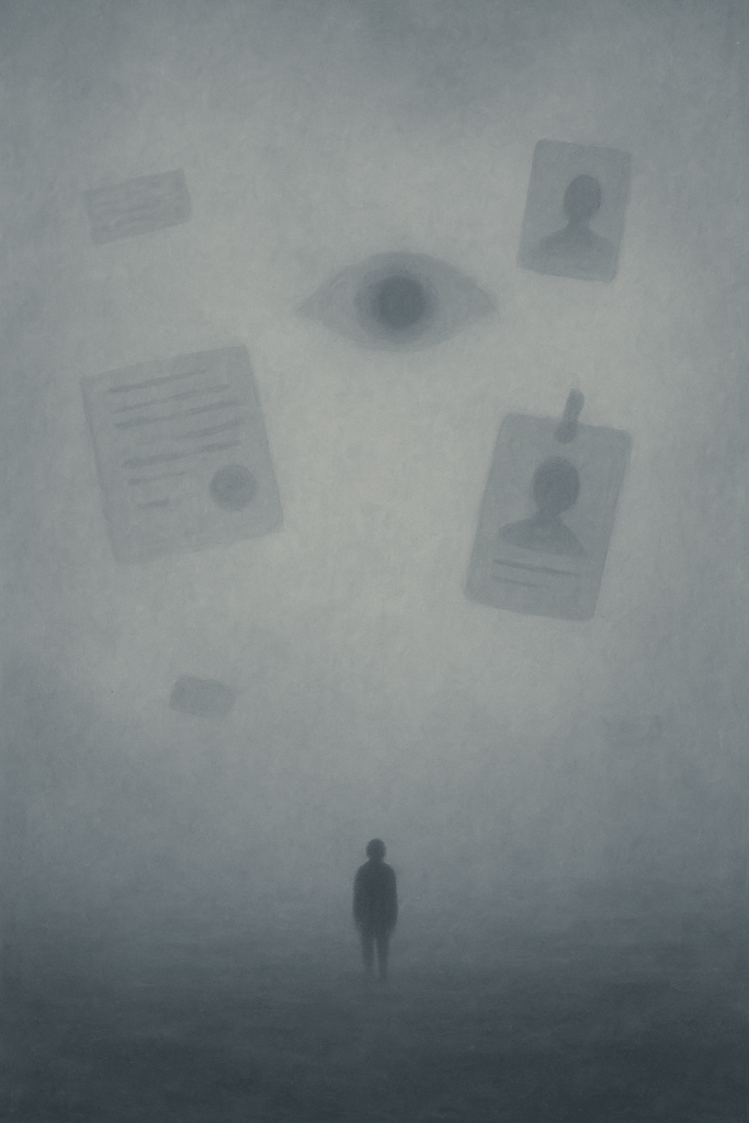 현대의 공포를 표현하는 초현실주의적 일러스트입니다. 지평선이 없는 광활하고 안개 낀 공간에는 흐릿한 문서, 눈, 신분증처럼 둥둥 떠다니는 불분명한 형체들이 가득하다. 안개 속에서 거의 보이지 않는 작은 사람의 실루엣이 바닥에 홀로 서 있다.