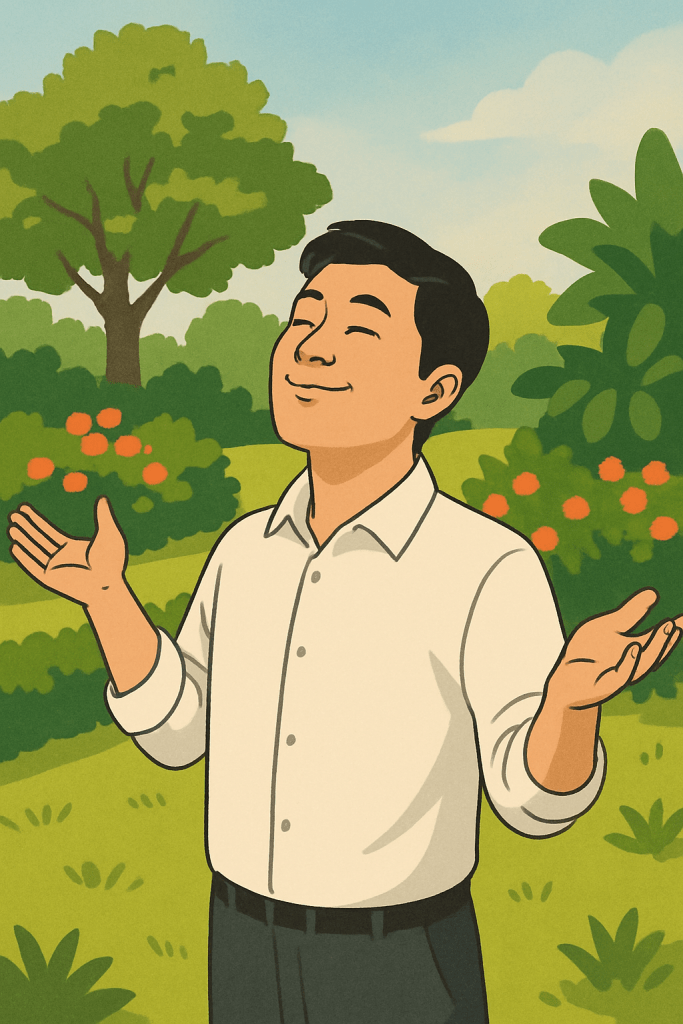 한 남성은 아름다운 정원을 배경으로 흰색의 편안한 셔츠를 입고 두 손을 벌리고 높은 곳을 바라보면서 미소 짓고 있습니다. 존재 그 자체로 행복을 느낍니다.